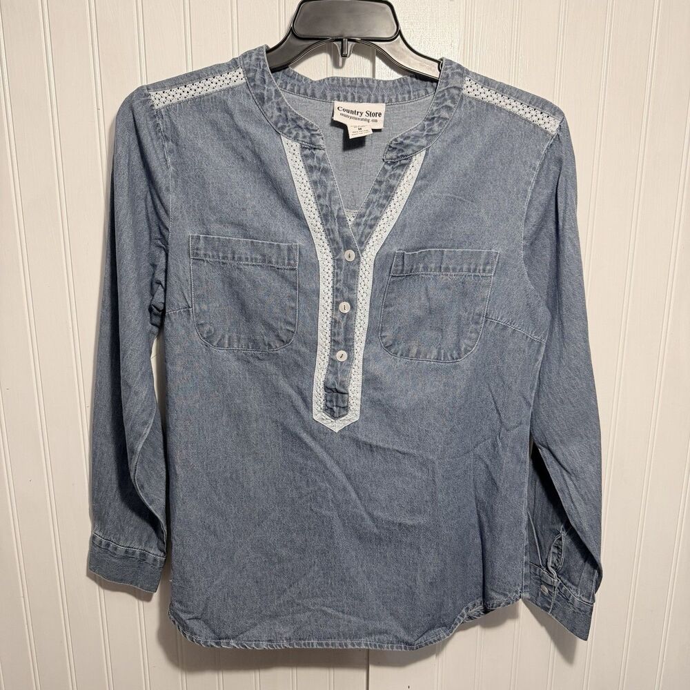 Country Store Womens M Denim Shirt Lace Detail Peasant Boho Top Western